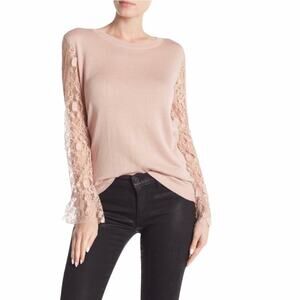 NWT 14th & UNION Women's Dusty Rose Mixed Media Lace Long Sleeve Sweater